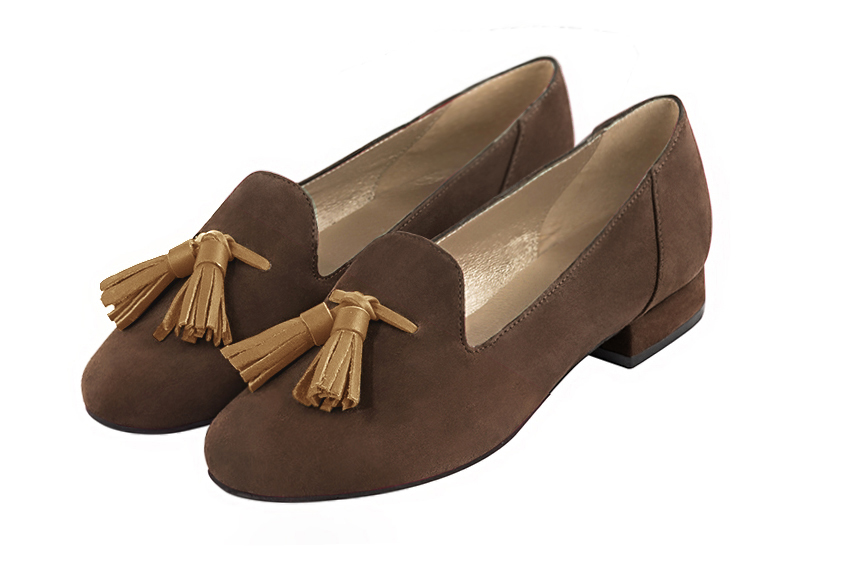 Chocolate brown and camel beige women's loafers with pompons. Round toe. Flat leather soles. Front view - Florence KOOIJMAN
